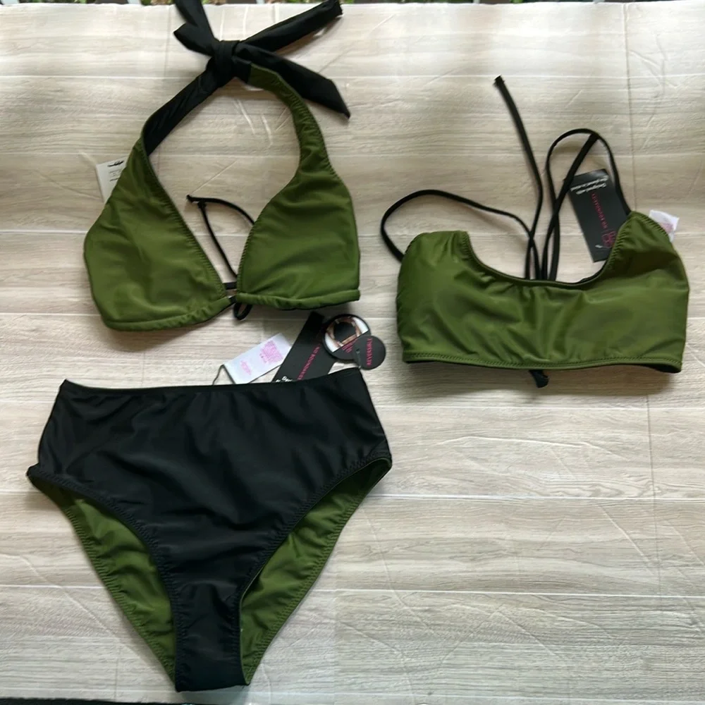 No Boundaries NWT Reversible Olive Green and Black Halter Bikini Top